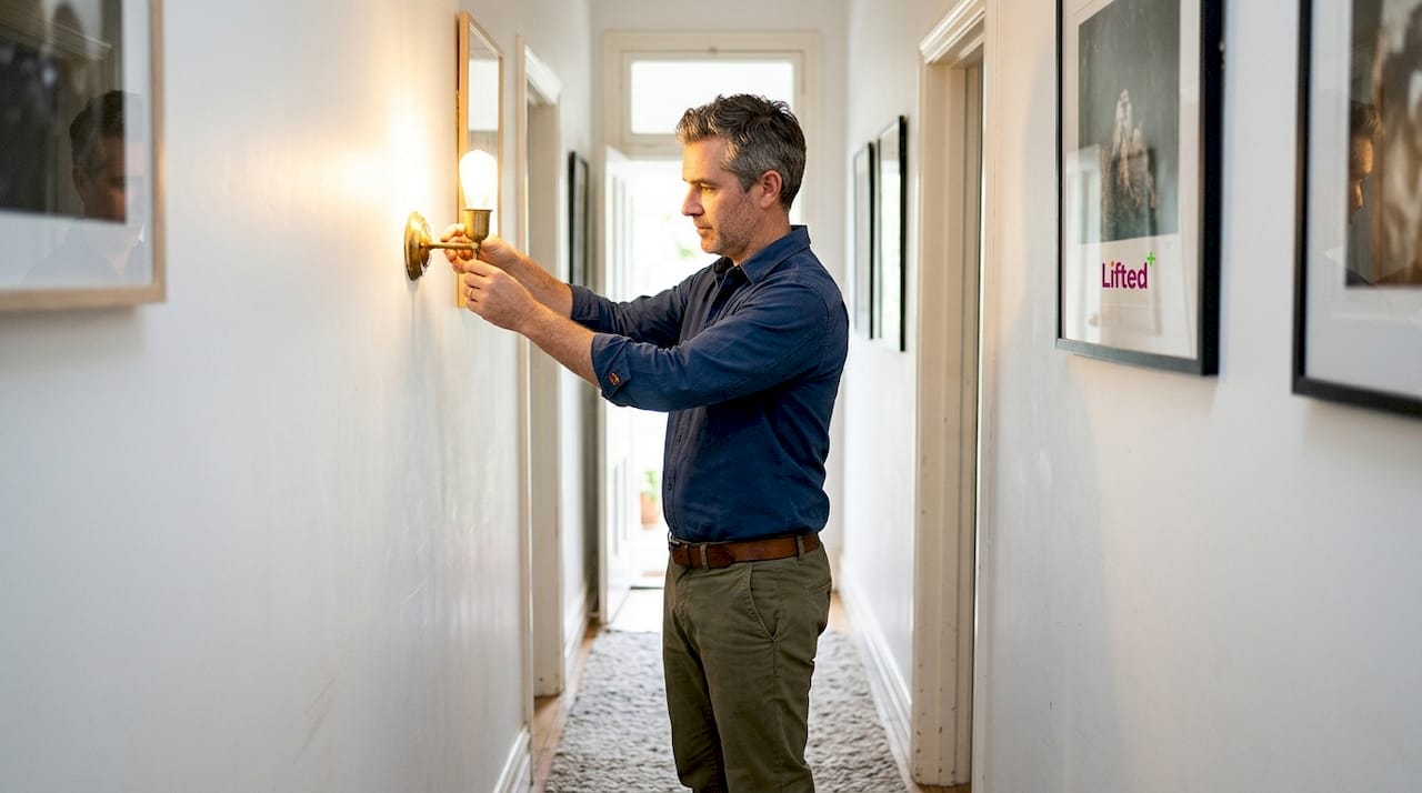 Main types of designer lighting for vibrant interiors 2 Man adjusting wall sconce in bright hallway