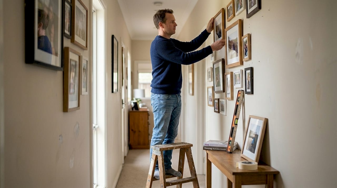 How to create an art wall: step-by-step guide 3 Man hanging picture on hallway art wall