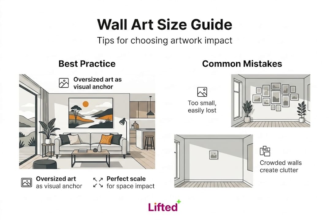 How to choose wall art for modern NZ homes: expert guide 2 Infographic showing wall art size tips