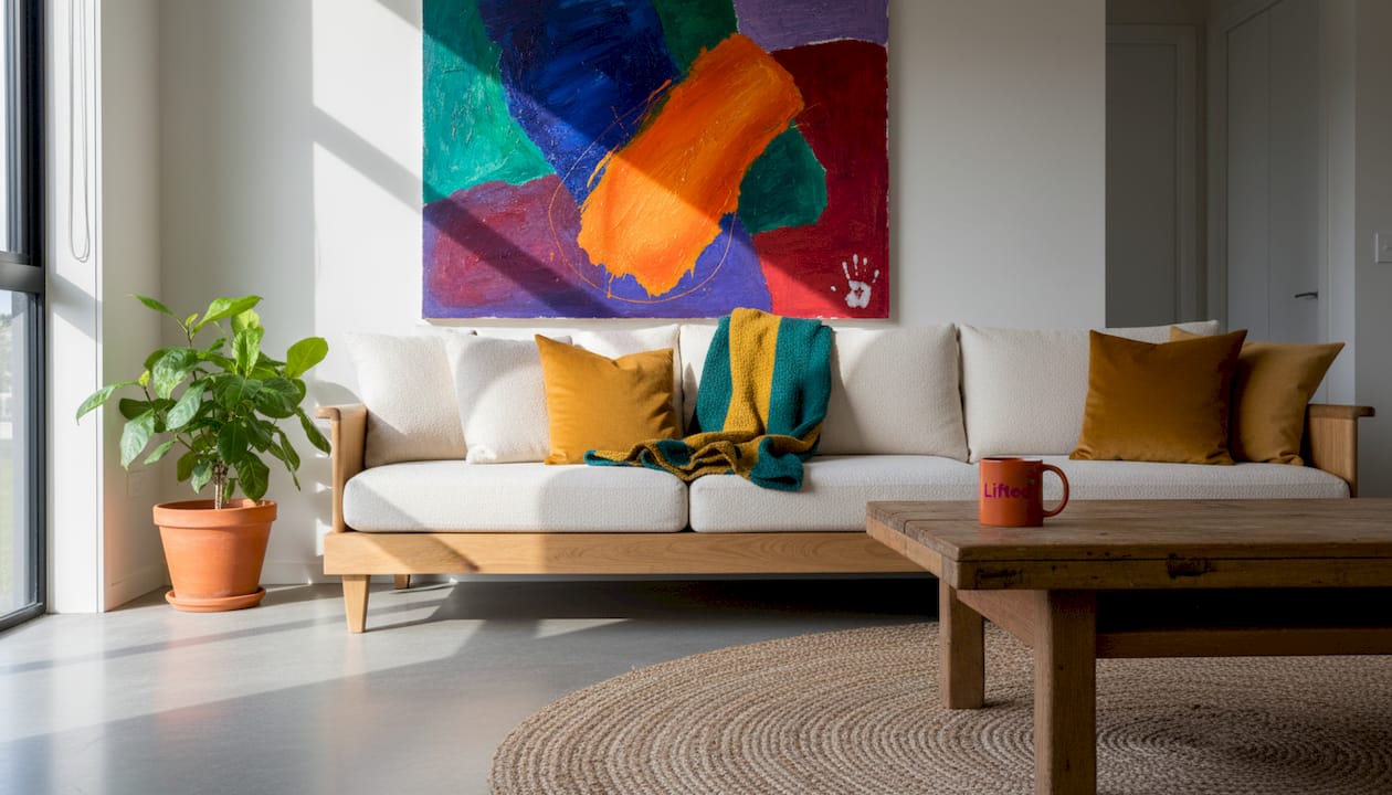 Wall art for modern NZ homes: Mood, style, and impact 2 Modern NZ living room with original art and flax rug