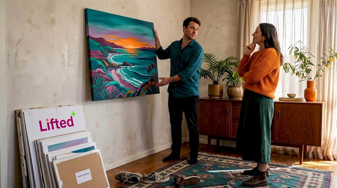 Why wall art is a smart investment for NZ homes 2 Couple choosing wall art in sunny NZ living room