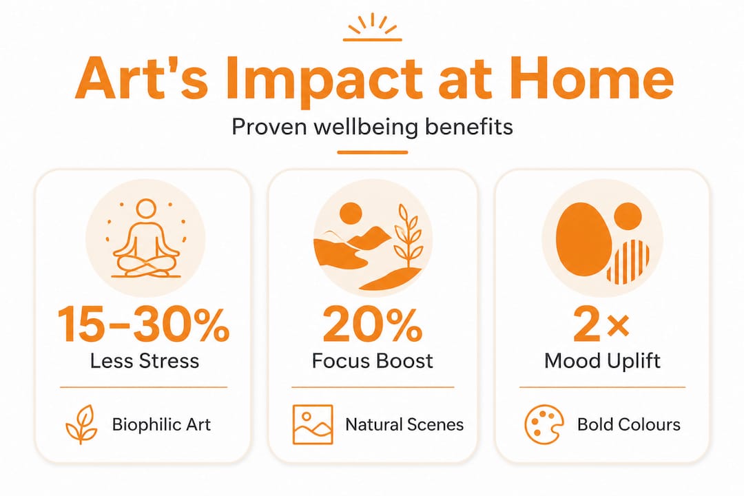The true role of artistic impact in your home interiors 3 Infographic with art and wellbeing effect stats