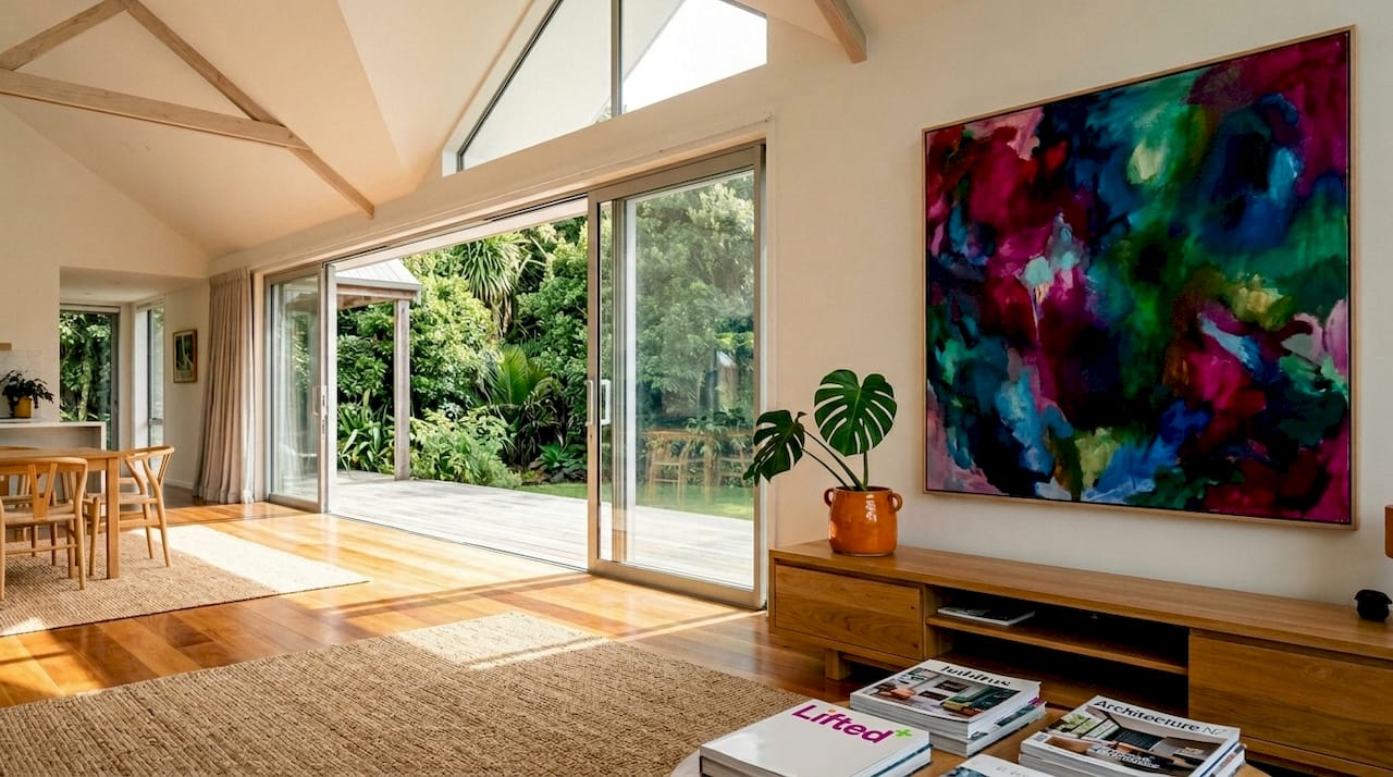 The true role of artistic impact in your home interiors 2 Living room with large art and plant in bright space