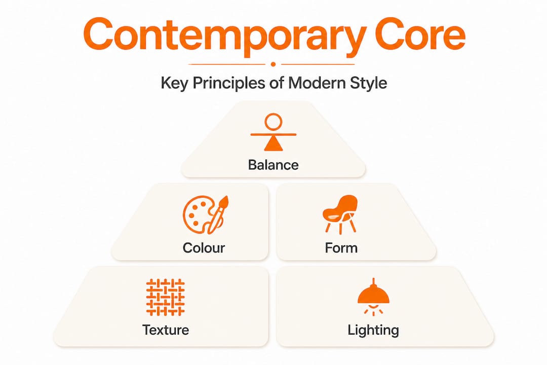 Contemporary decor: elevate your NZ home with vibrant style 3 Infographic showing core principles of contemporary decor