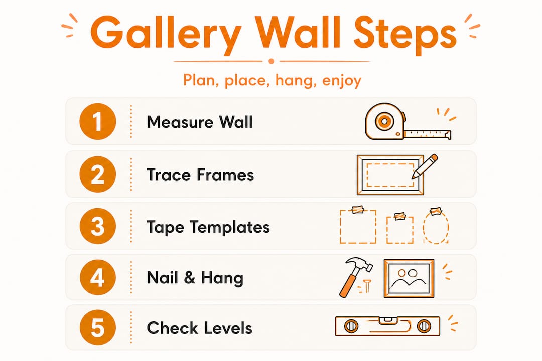 How to create a gallery wall: step-by-step NZ guide 2 Infographic showing gallery wall five-step process
