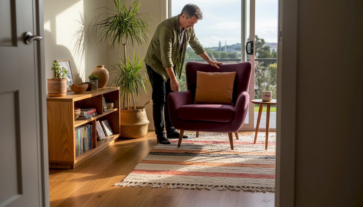 Transformative decor: Elevate your NZ home with impact 2 Man arranges armchair to shape lounge ambiance