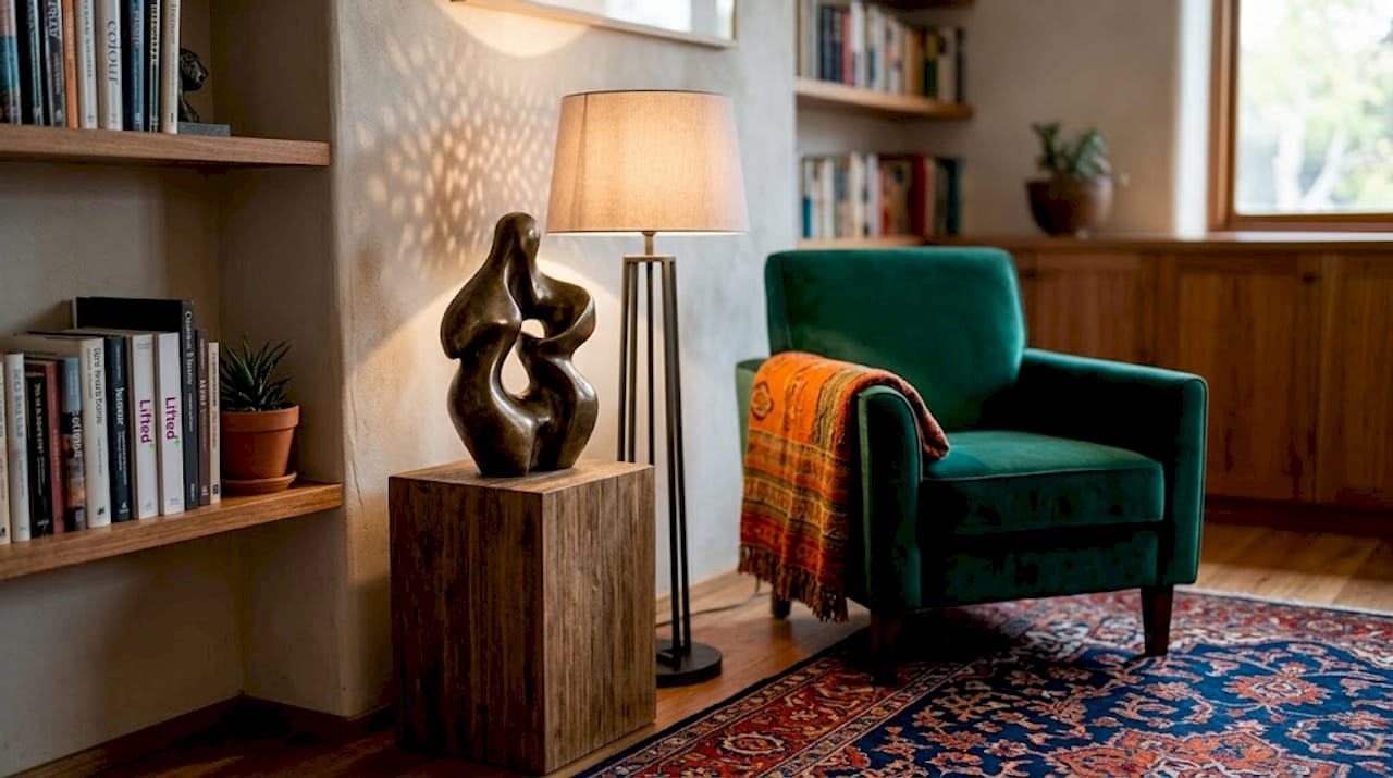 A stylish guide to displaying sculptural art at home 3 Sculpture highlighted by angled spotlight in living space