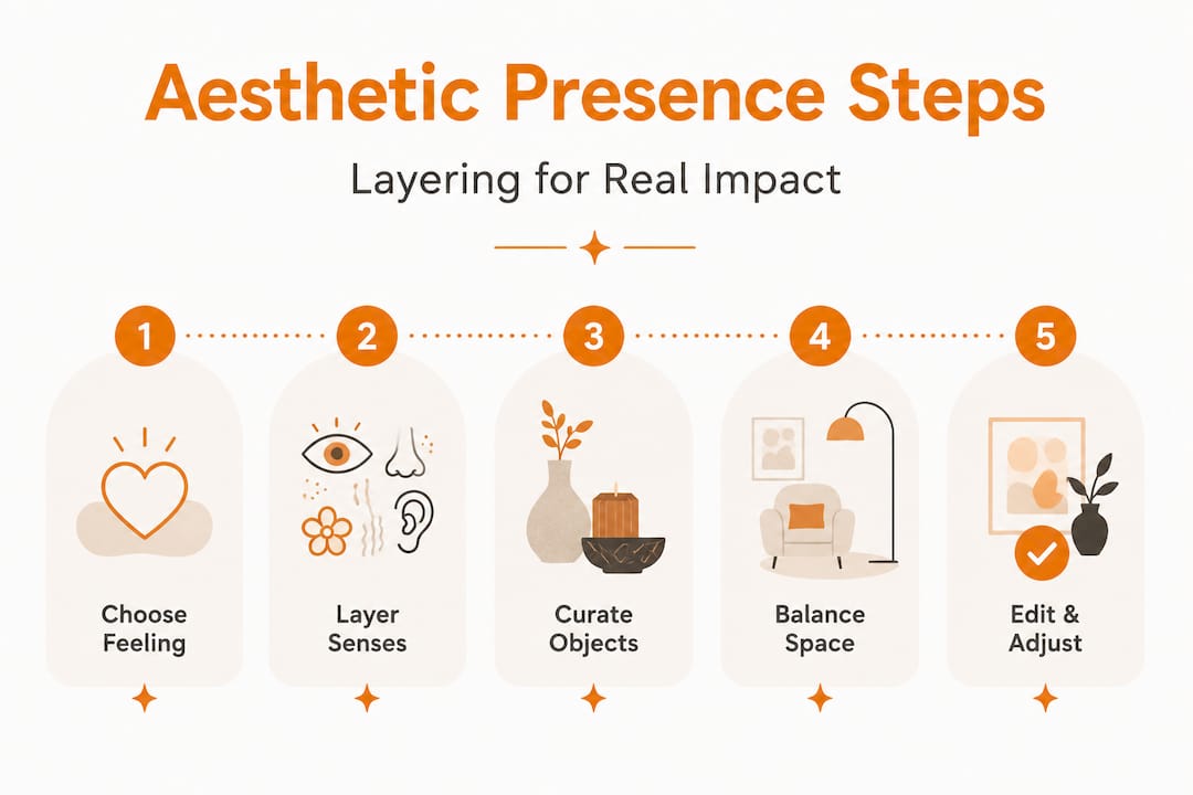 How to create real aesthetic presence in your home 3 Infographic of five steps to create aesthetic presence