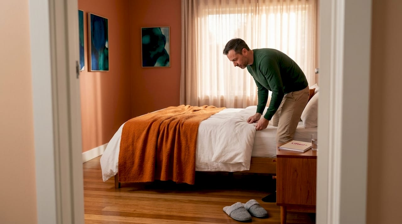 Colour-led interior inspiration for NZ homes 2 Making bed in warm-toned cozy bedroom