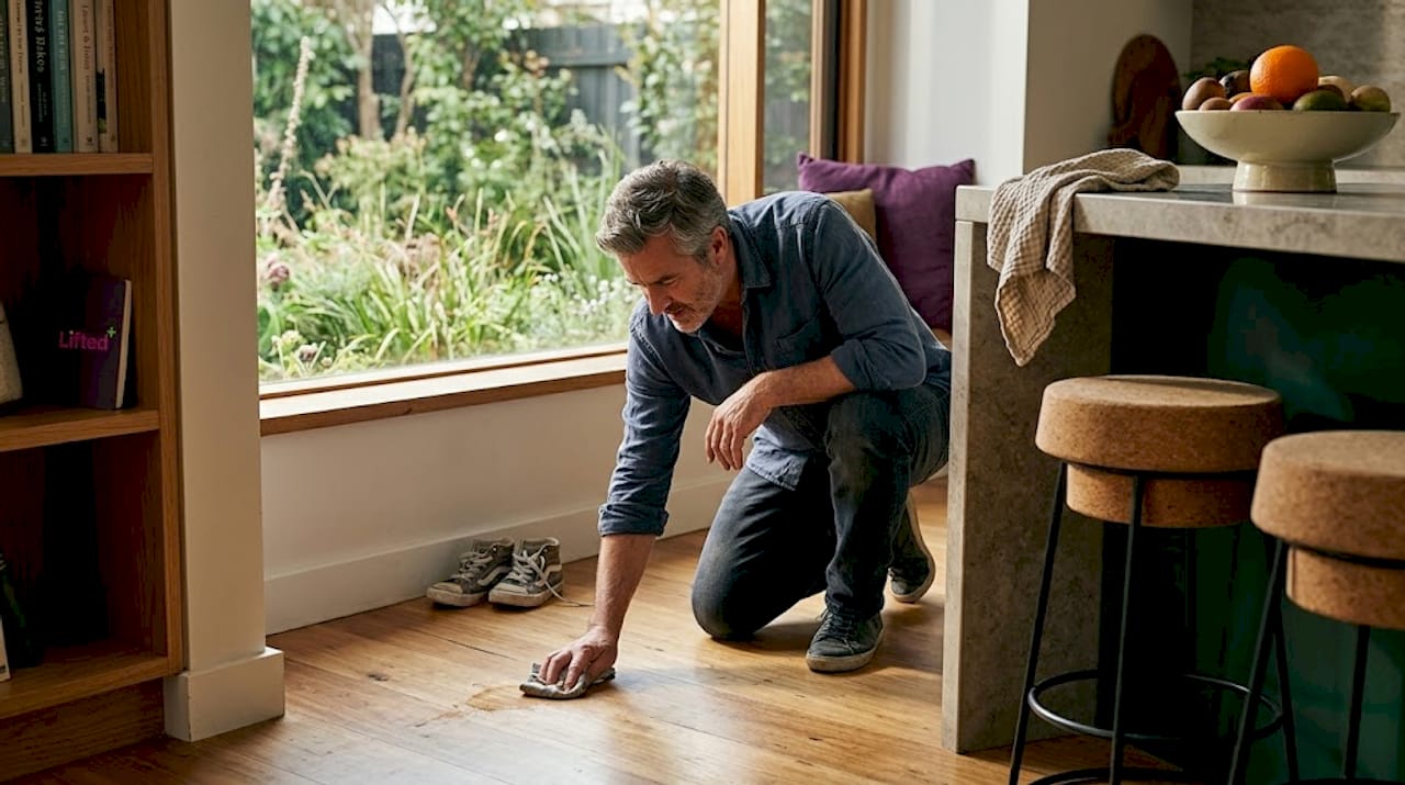 What is design-conscious living: a guide for NZ homes 3 Man cleaning timber floor in natural material kitchen