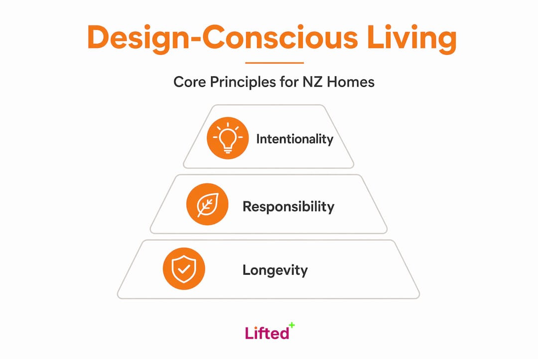 What is design-conscious living: a guide for NZ homes 2 Infographic of design-conscious living core principles pyramid