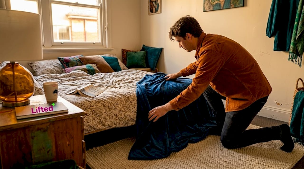 How to decorate a rental: stylish, damage-free ideas 3 Man layering textiles in rental bedroom