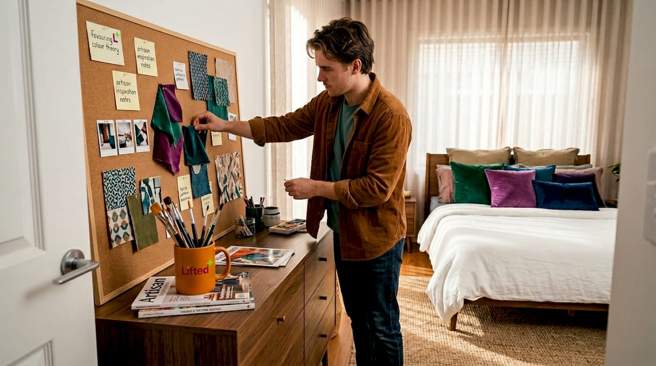 Tips for colourful interiors that actually work 2 Man creating palette mood board in bedroom