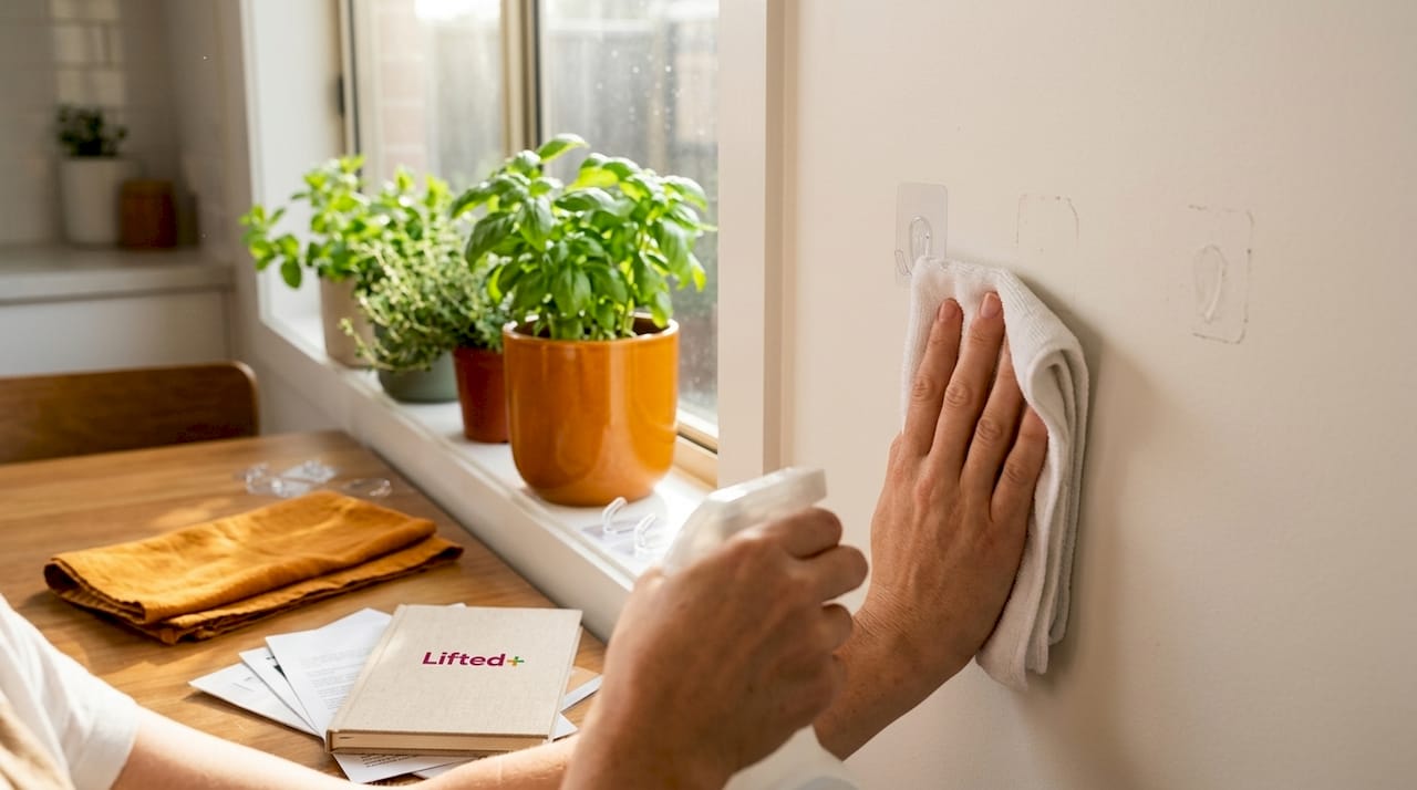 No drill wall decor: creative ideas for every home 2 Hands preparing wall for adhesive hooks