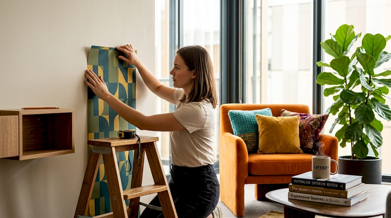Renter friendly home decor: 9 ideas that work 2 Person applying peel-and-stick wallpaper in bedroom