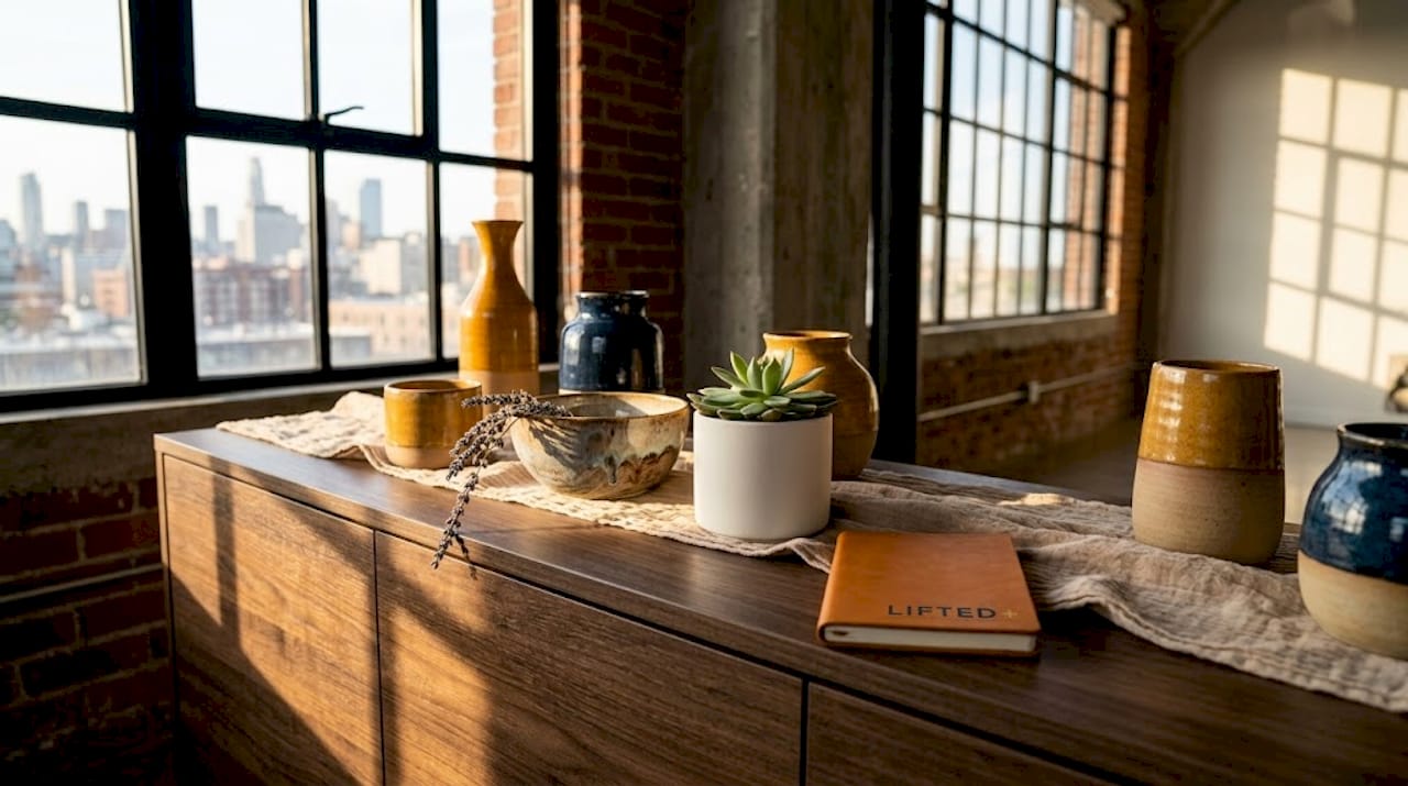 Examples of artistic home accents to inspire you 2 Ceramic vessels and pottery display on console