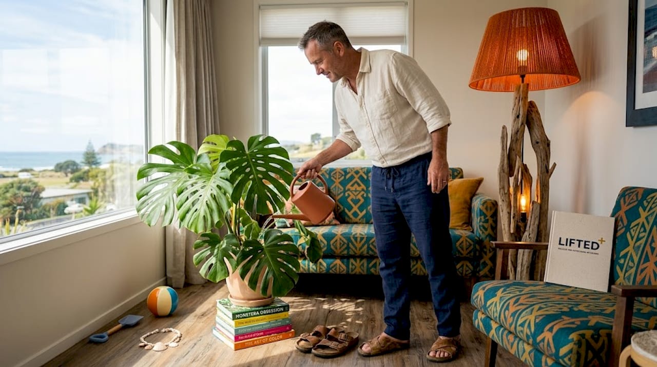Dopamine decor NZ: how to style for joy 3 Man watering plants in vibrant dopamine decor