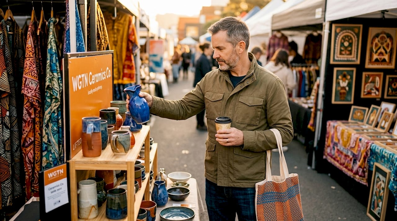 Your interior design inspiration list for NZ homes 2 Man selecting ceramics at artisan NZ market