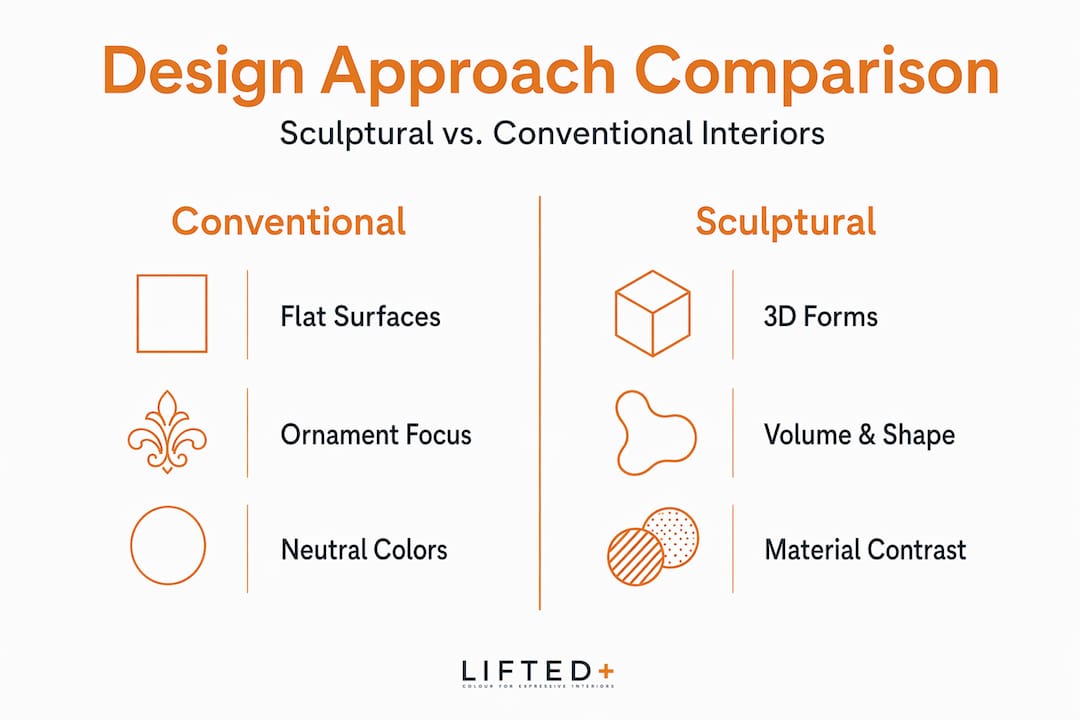 What is sculptural interior design? 2 Infographic comparing sculptural and conventional interiors