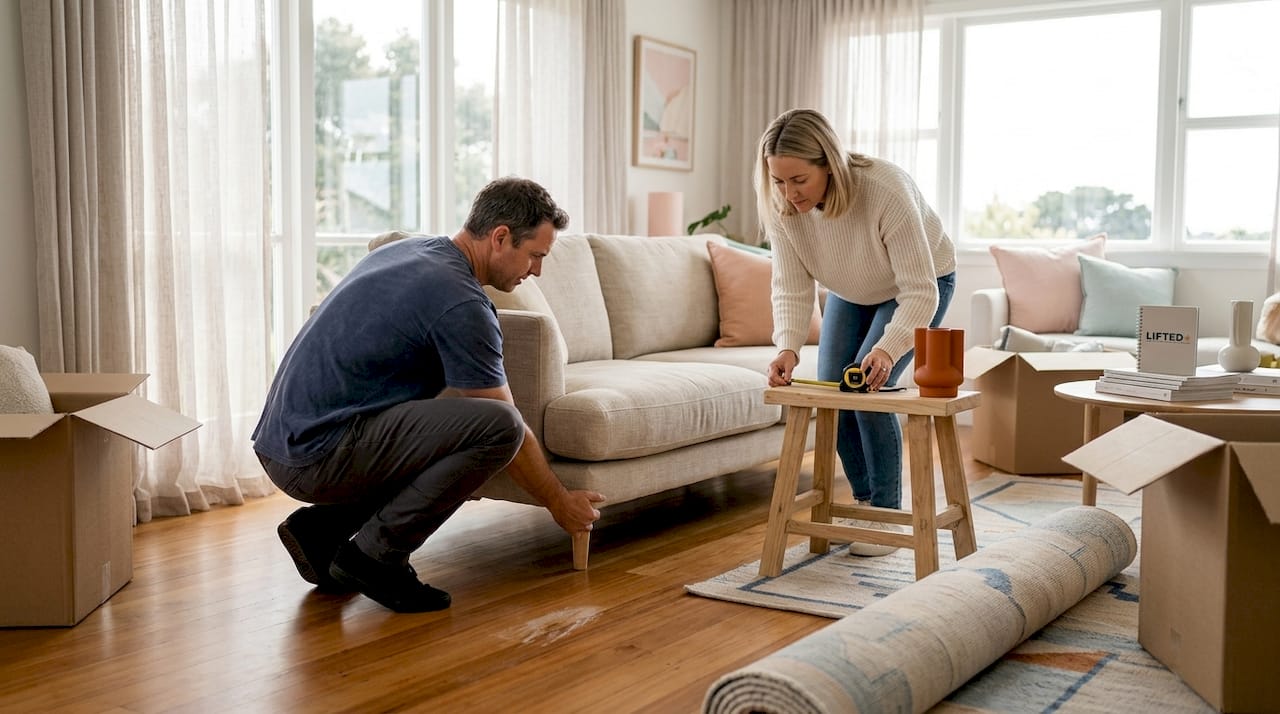 Living room styling tips that actually work 2 Couple adjusting sofa in realistic living room