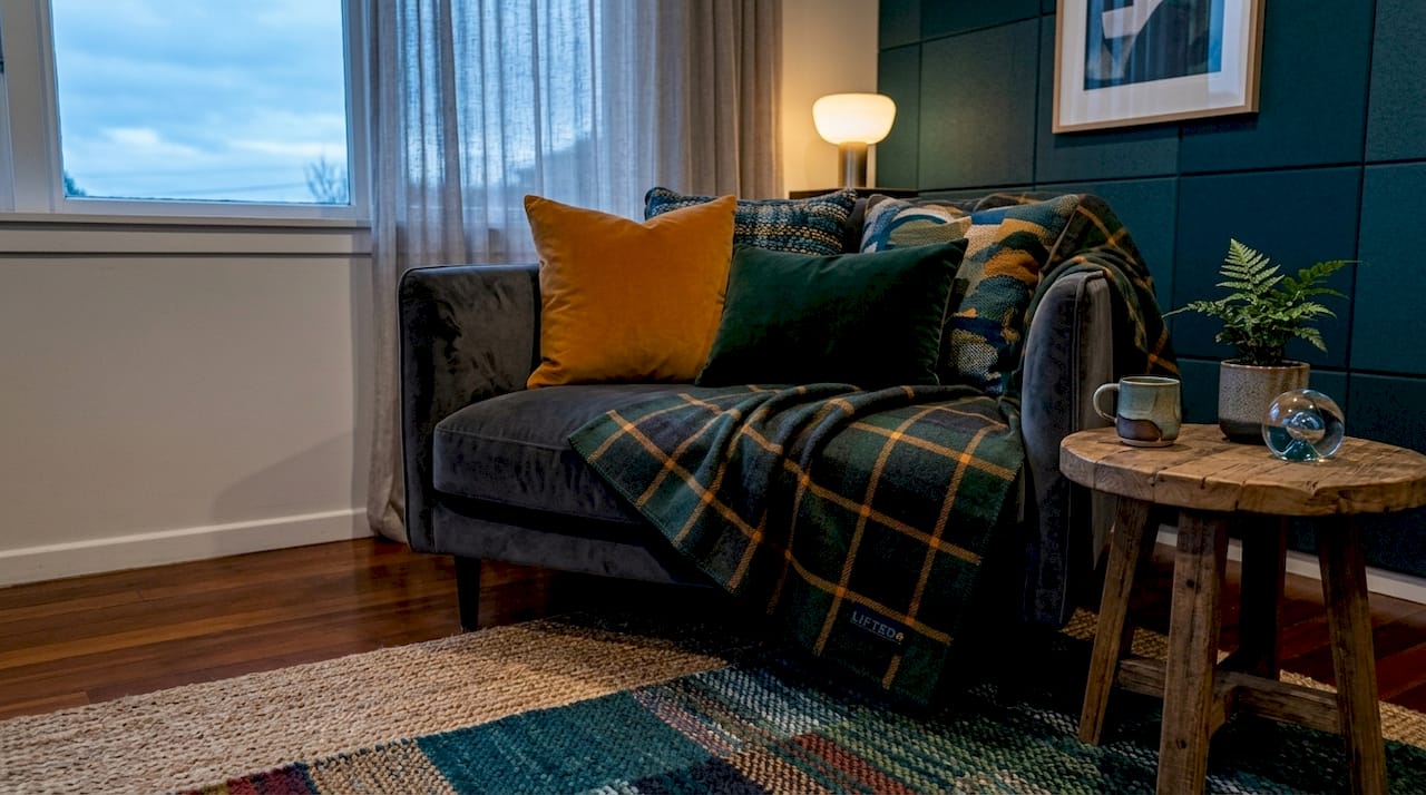Winter home decor NZ: 10 ways to warm your space 2 Layered cosy textiles on chair with natural light