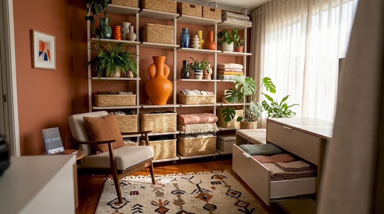 Apartment decorating NZ: style small spaces in 2026 2 Vertical storage with multipurpose furniture in apartment corner