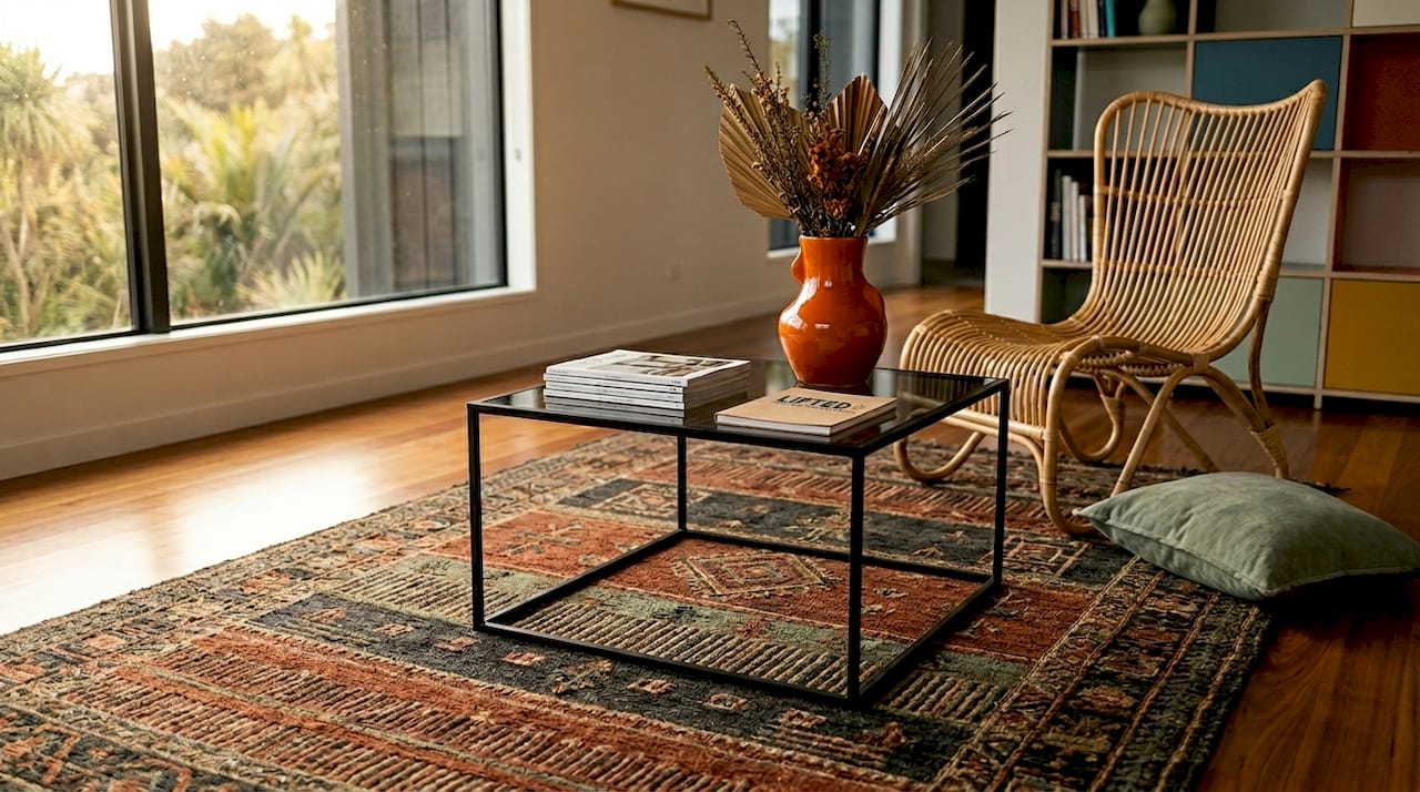 Rental friendly decor NZ: 10 ideas that work 2 Textured area rug in NZ rental living space