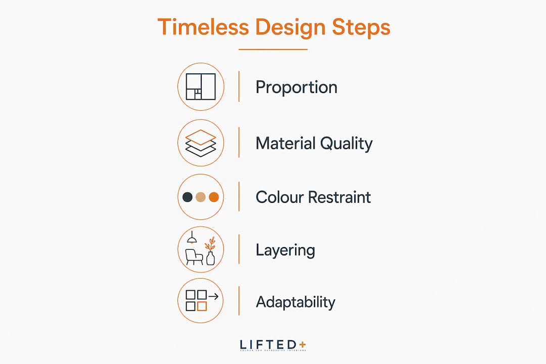 What is timeless interior style? A lasting design guide 3 Infographic illustrating steps to timeless design