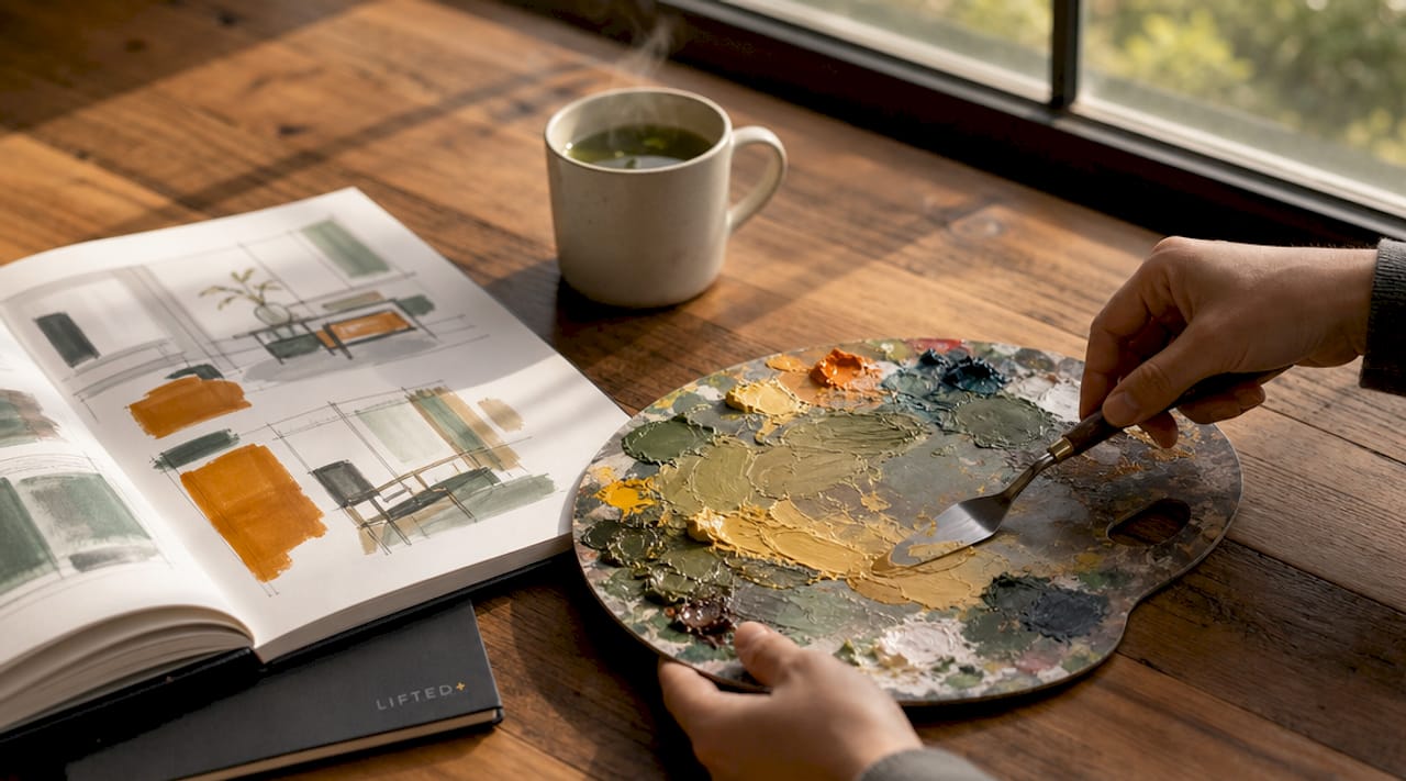 Colour-led home accents: your practical style guide 2 Hands mixing blue-green paint samples on palette