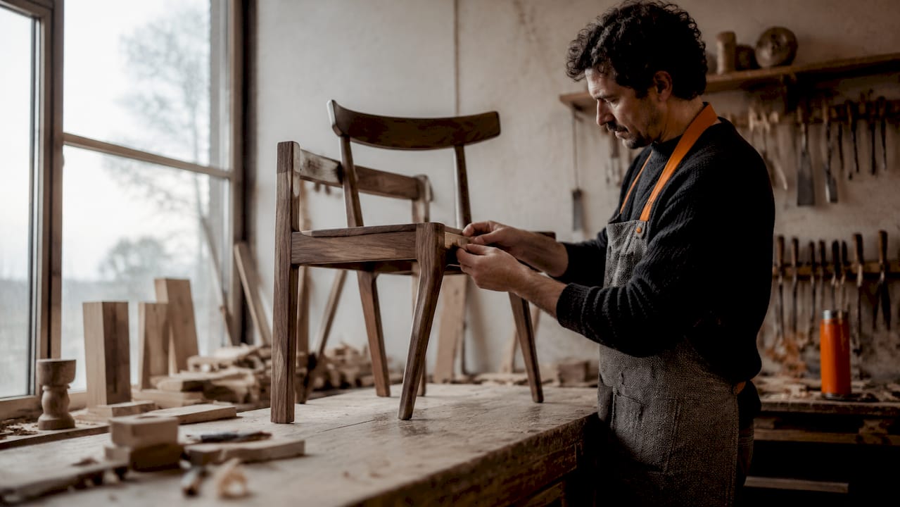 Defining limited edition furniture: what makes it collectible 2 Craftsman's hands applying signature plaque to chair leg