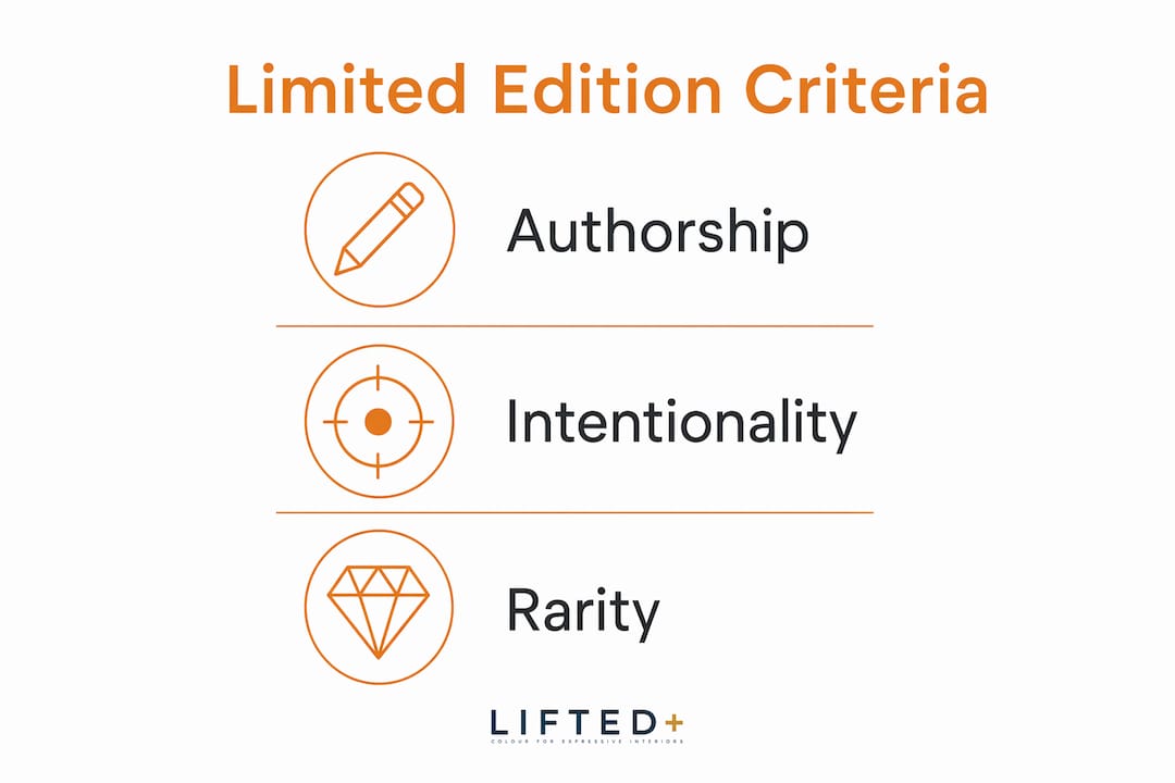Defining limited edition furniture: what makes it collectible 3 Infographic illustrating three criteria of limited edition furniture