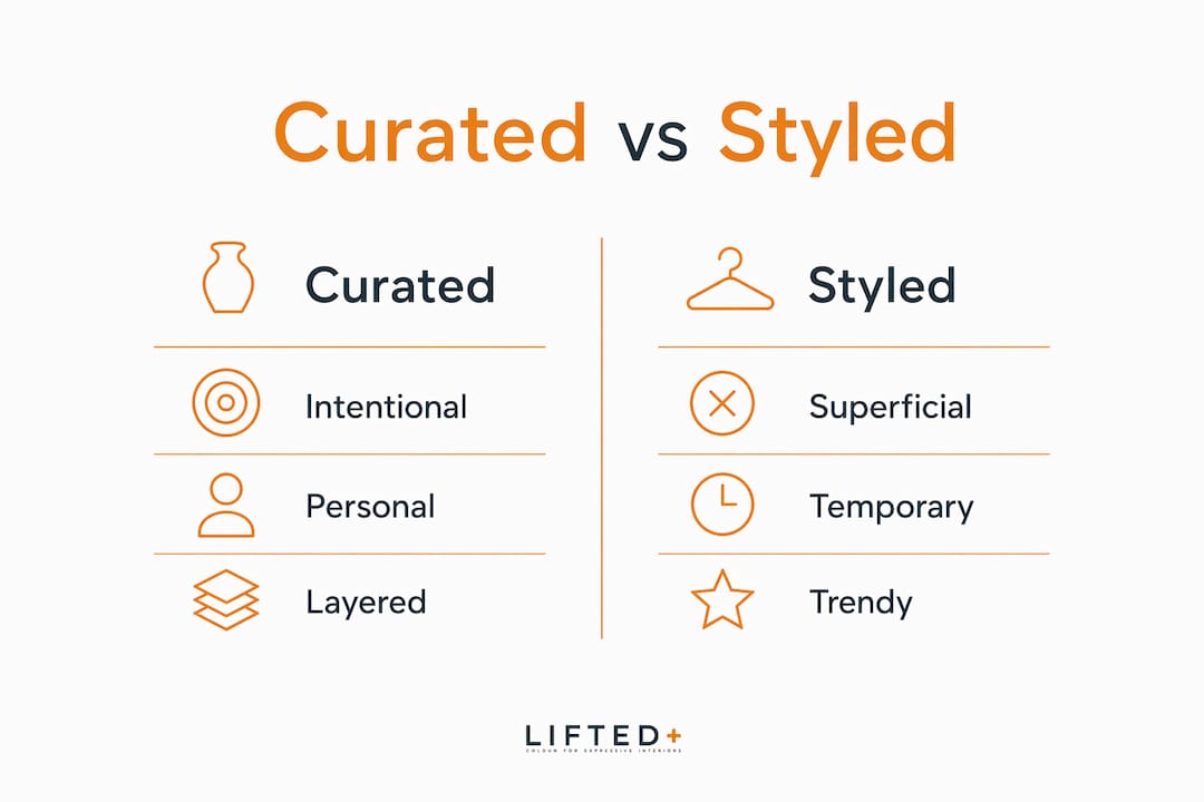 What is curated decor? A guide to intentional style 2 Infographic contrasting curated and styled decor