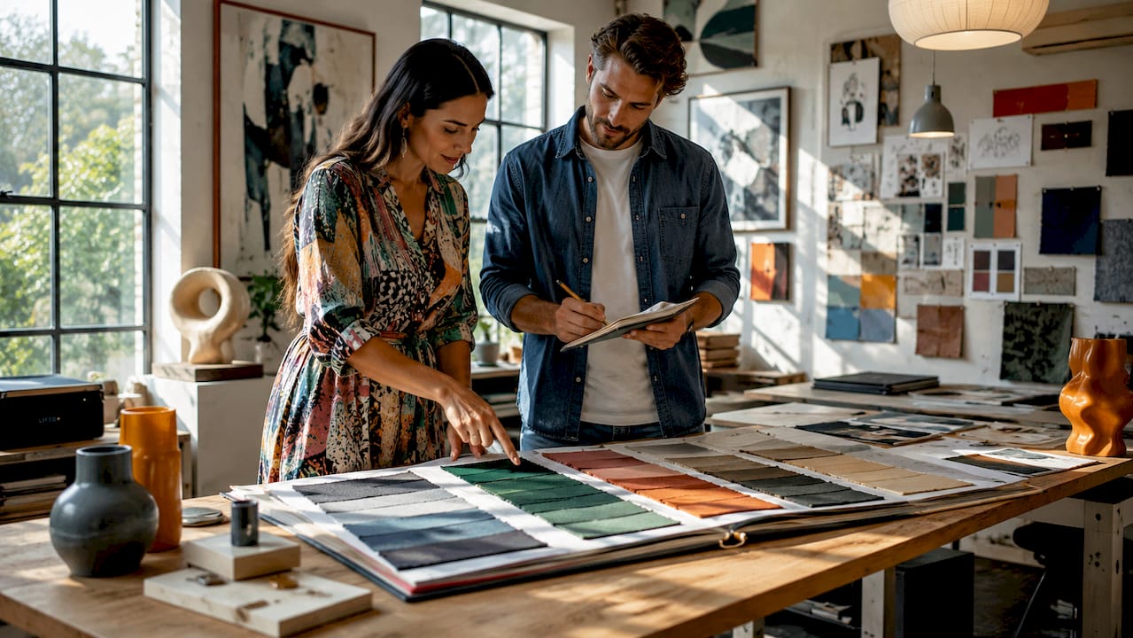Interior design workflow: a phase-by-phase guide 2 Two designers discussing interior design phases