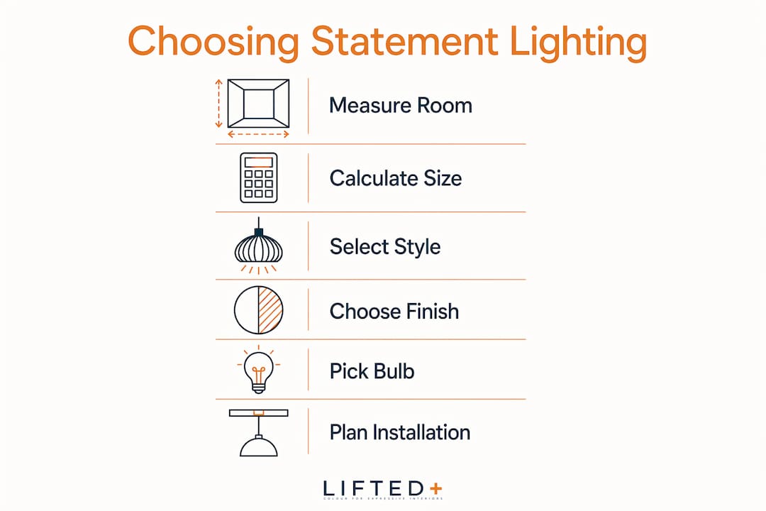 How to select statement lighting for your home 3 Infographic showing steps to select statement lighting