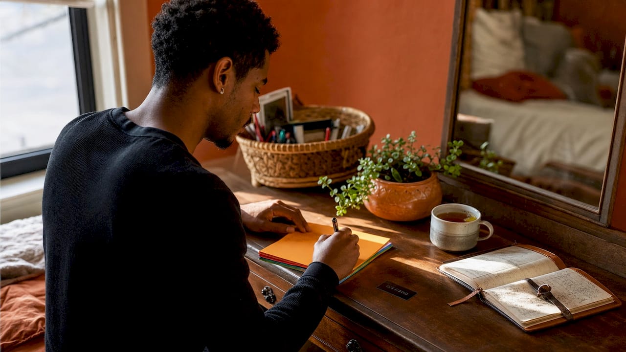Overhead view of focused workspace with curated decor