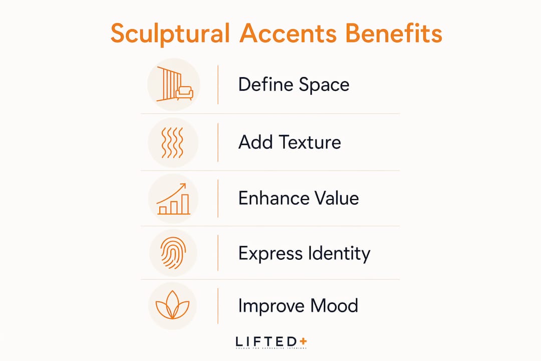 Why opt for sculptural accents in your home 2 Infographic showing five key benefits of sculptural accents in home interiors