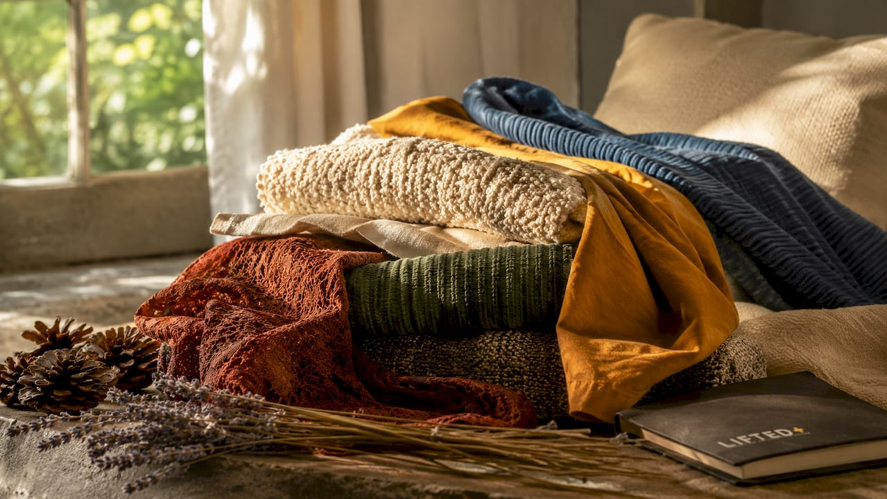 Why use texture in home decor: a stylist's guide 2 Close-up flat lay of varied home decor fabric textures
