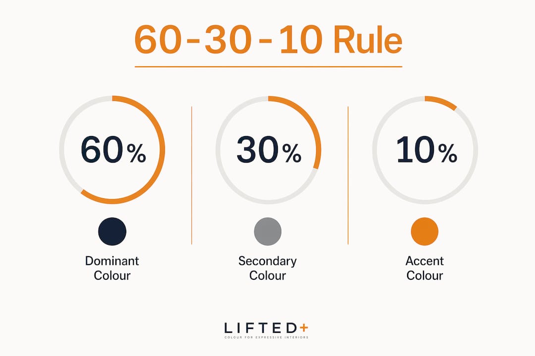 Mixing colours in interiors: a practical guide 2 Infographic illustrating the 60-30-10 colour rule in interiors
