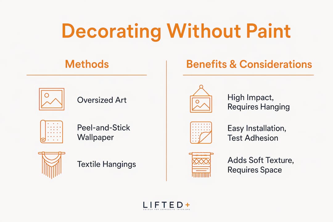 How to decorate without painting walls 3 Infographic comparing paint-free wall decoration methods