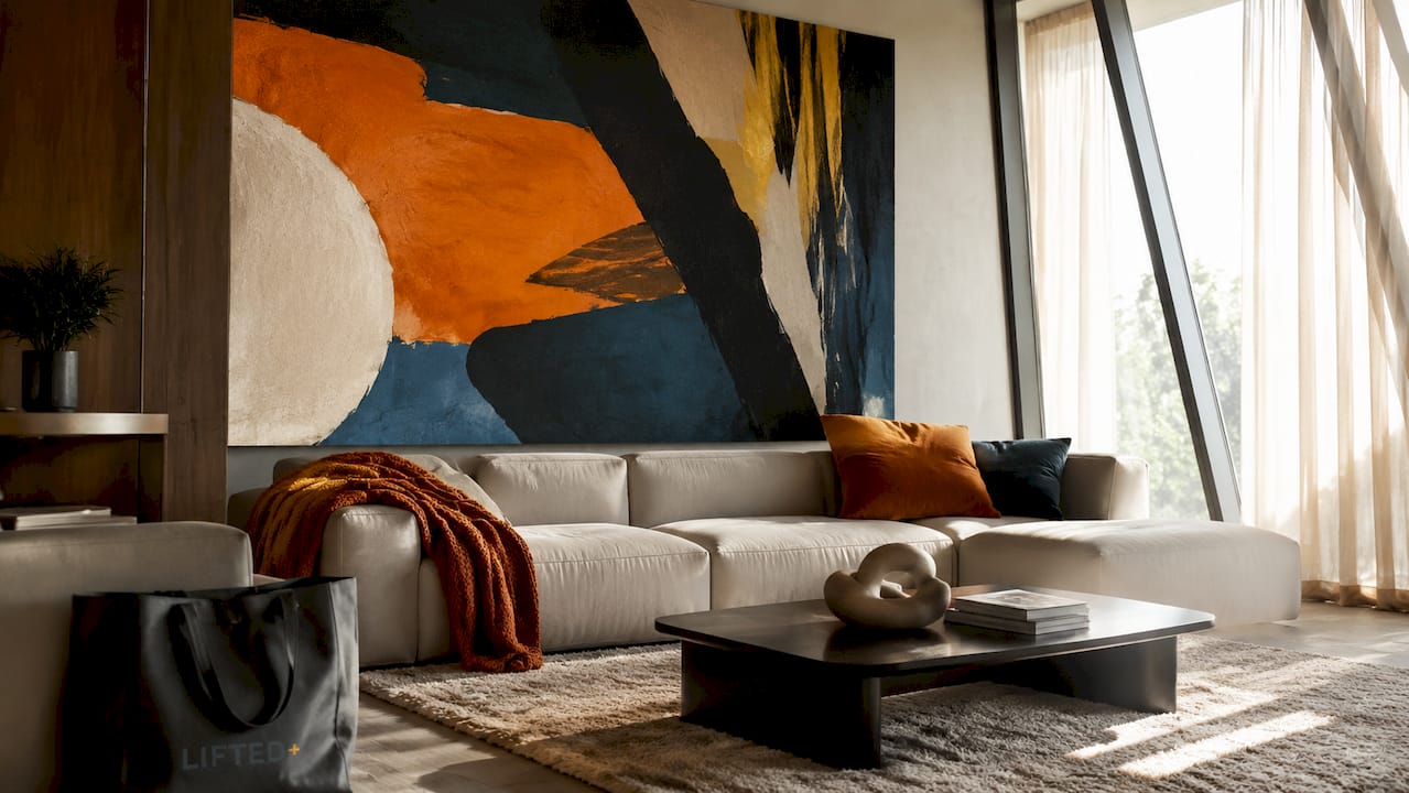 Living room with oversized wall art above sofa as focal point