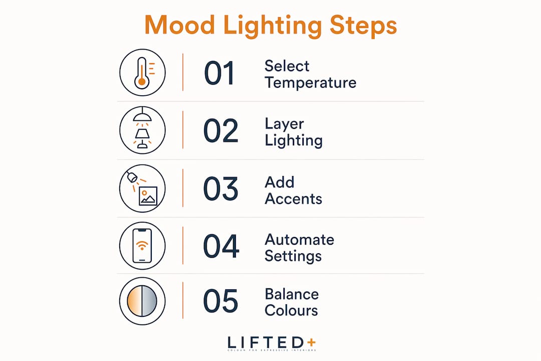 Mood led interiors: how light shapes your home 2 Infographic outlining steps to mood lighting success