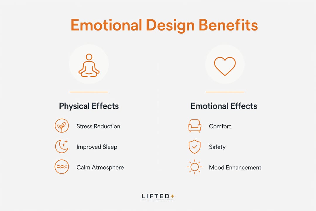 Emotional benefits of interior design for your home 2 Infographic illustrating emotional and physical benefits of interior design