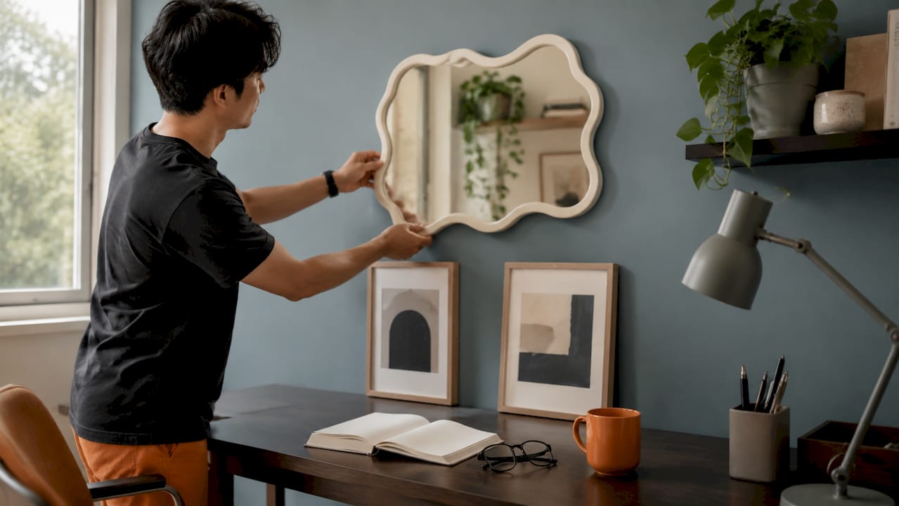 Home office backdrop wall ideas for remote workers 2 Man styling home office backdrop wall shelf