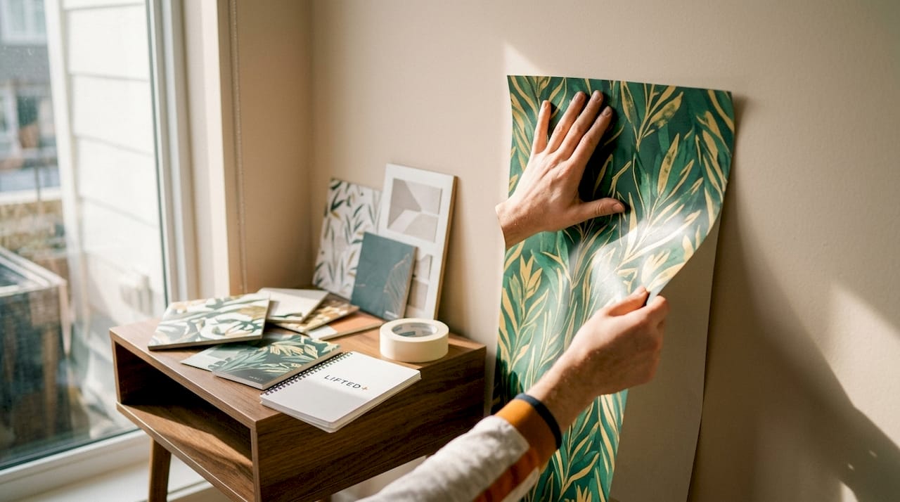 Wall decor ideas for renters without damage 3 Applying removable wallpaper in rental room