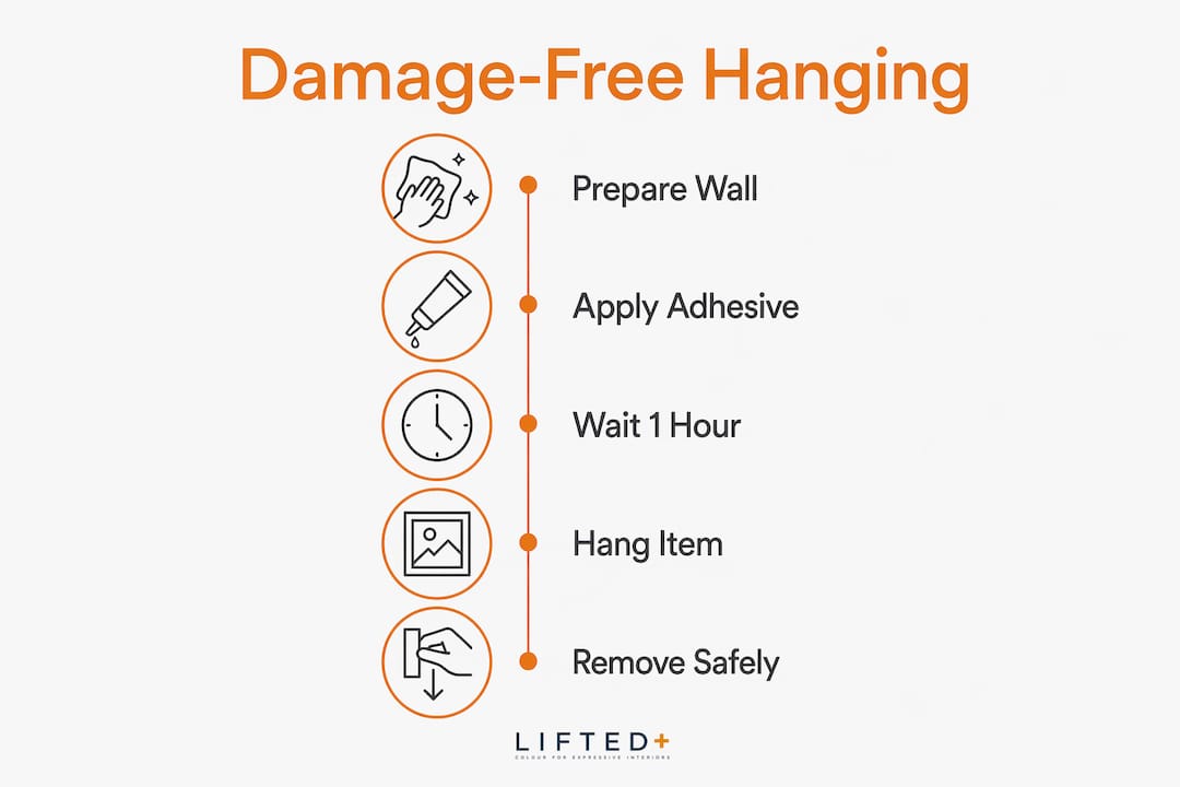 Wall decor ideas for renters without damage 2 Infographic showing steps for damage-free wall hanging