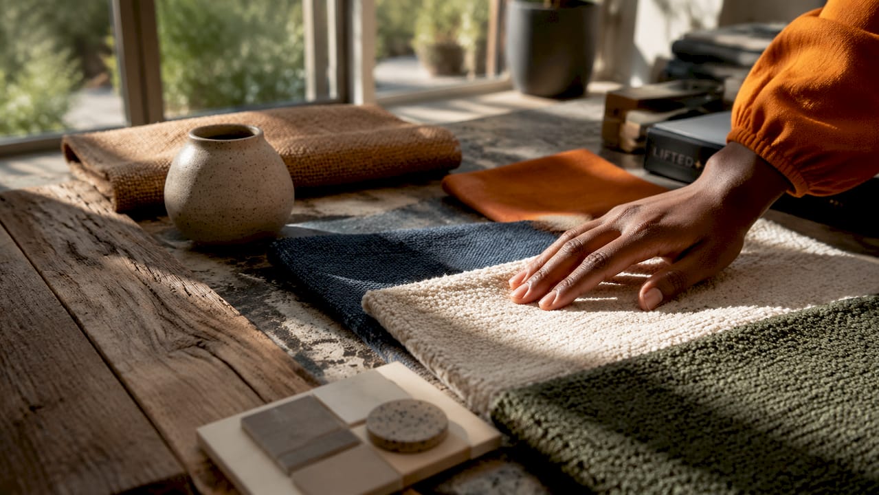 Tactile interiors: how to design with texture 3 Close-up hand touching natural tactile interior materials