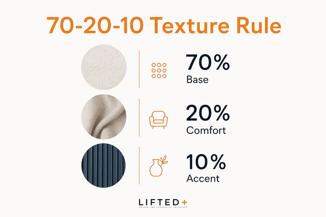 Tactile interiors: how to design with texture 2 Infographic illustrating 70-20-10 interior texture rule