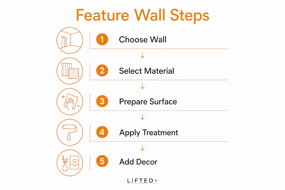 Living room feature wall without renovation 3 Infographic showing steps to create a no-renovation feature wall