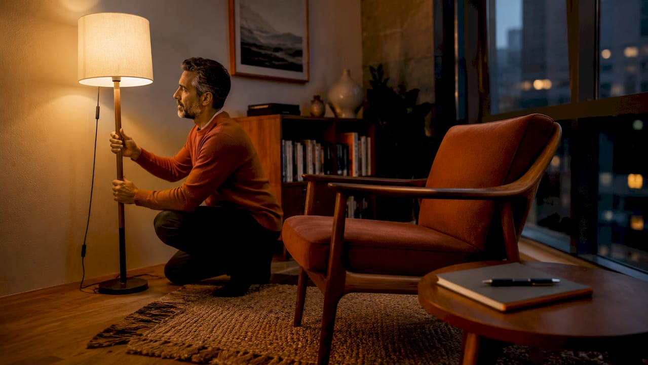 How to make white walls feel warmer in 2026 3 Man adjusting warm lighting in living room