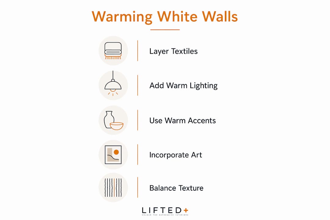 How to make white walls feel warmer in 2026 2 Infographic illustrating methods to warm white walls